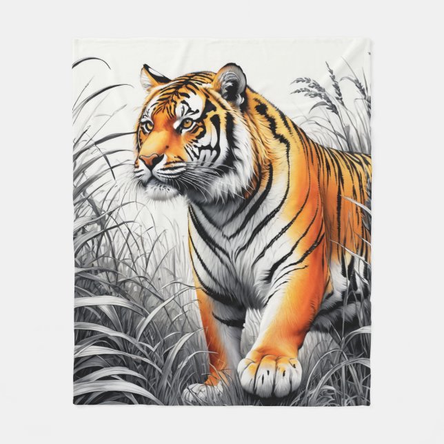 Tiger Art Farbe teilweise Schwarz-weiß Zeichnend Fleecedecke (Vorderseite)