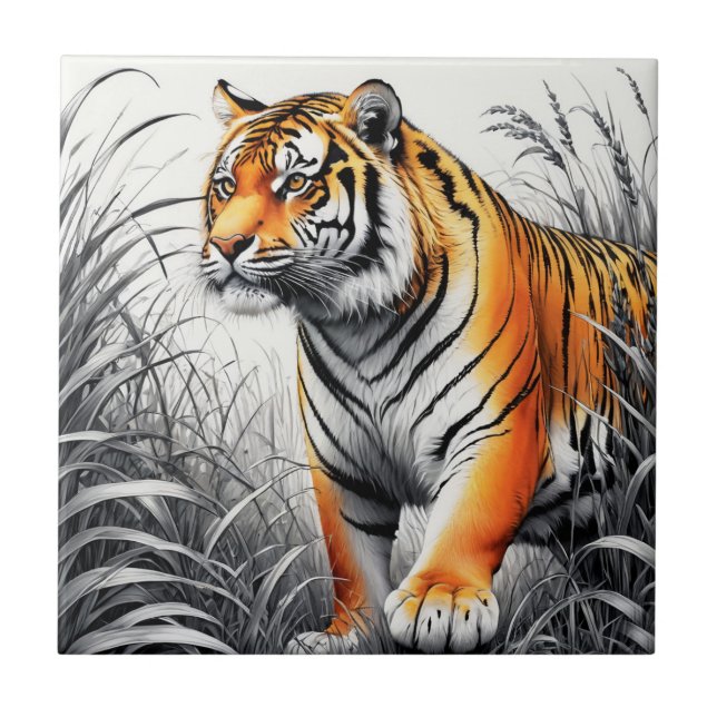 Tiger Art Farbe teilweise Schwarz-weiß Zeichnend Fliese (Vorderseite)