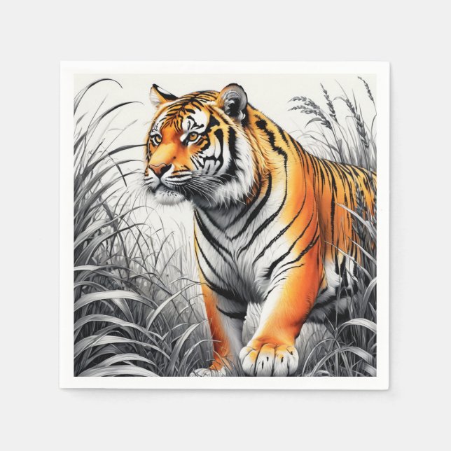 Tiger Art Farbe teilweise Schwarz-weiß Zeichnend Serviette (Vorderseite)