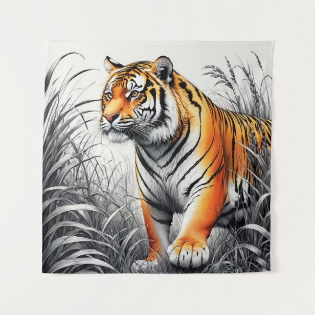 Tiger Art Farbe teilweise Schwarz-weiß Zeichnend Wandteppich (Vorderseite)