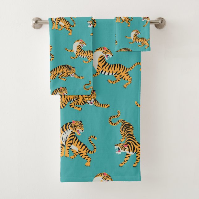 Tiger auf Aquamarinem Muster Badhandtuch Set (Insitu)