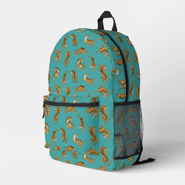 Tiger auf Aquamarinem Muster Bedruckter Rucksack (Rückseitige Ecke Rechts)