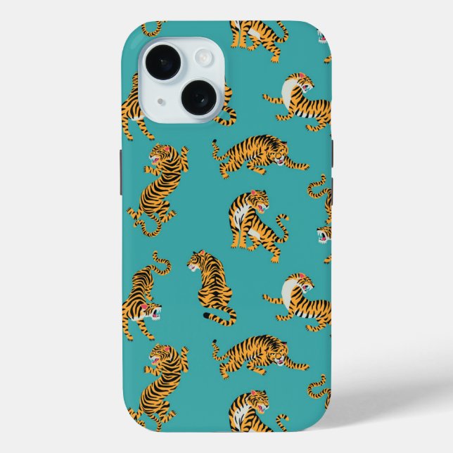 Tiger auf Aquamarinem Muster Case-Mate iPhone Hülle (Rückseite)