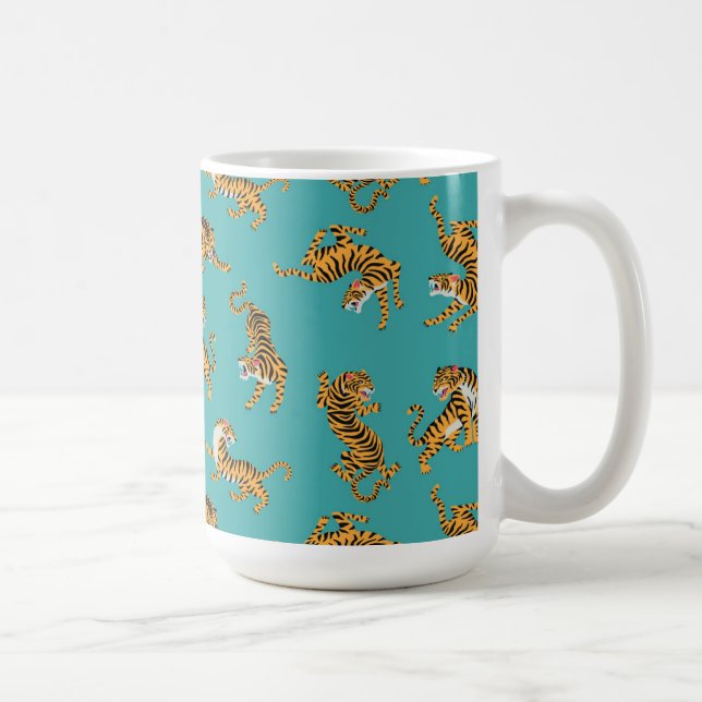 Tiger auf Aquamarinem Muster Kaffeetasse (Rechts)