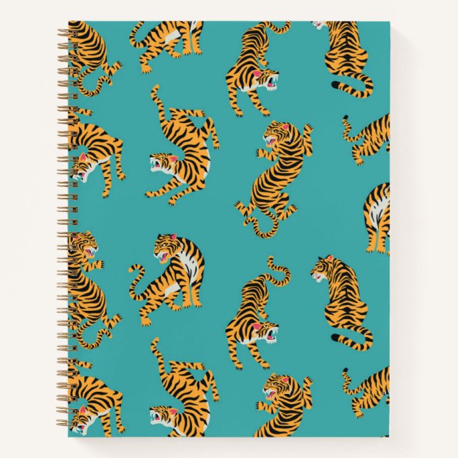 Tiger auf Aquamarinem Muster Notizbuch (Vorderseite)