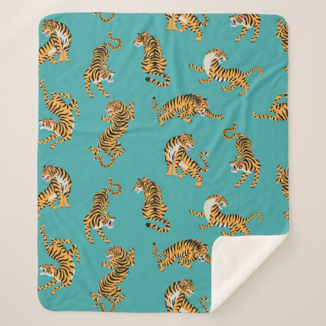 Tiger auf Aquamarinem Muster Sherpadecke (Vorderseite)