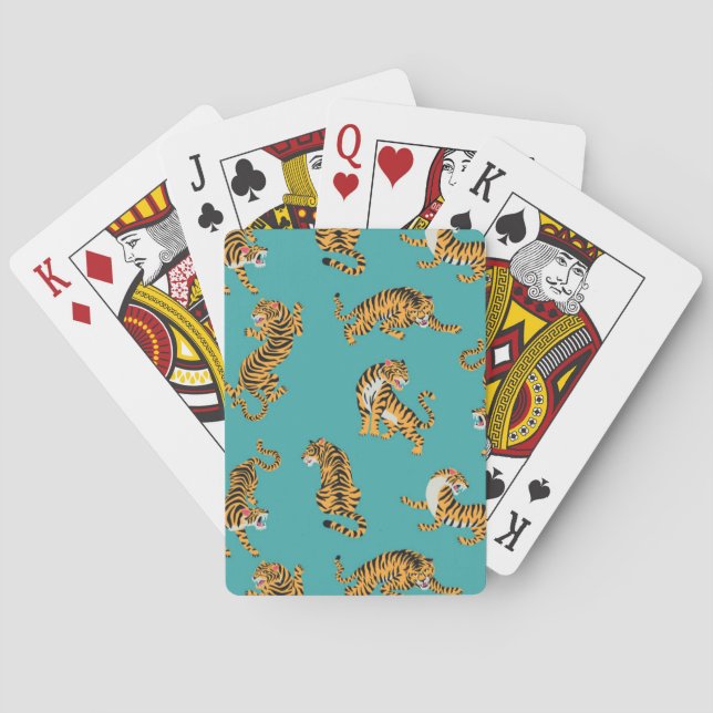 Tiger auf Aquamarinem Muster Spielkarten (Rückseite)