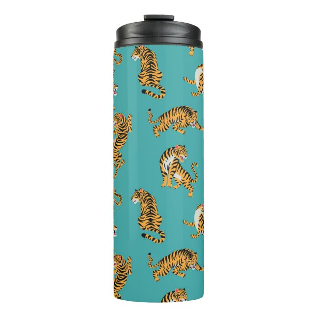 Tiger auf Aquamarinem Muster Thermosbecher (Vorderseite)
