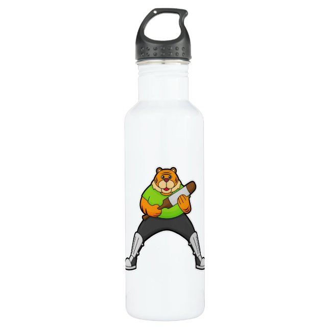 Tiger auf Cricket mit Cricket-Schläger Edelstahlflasche (Vorderseite)