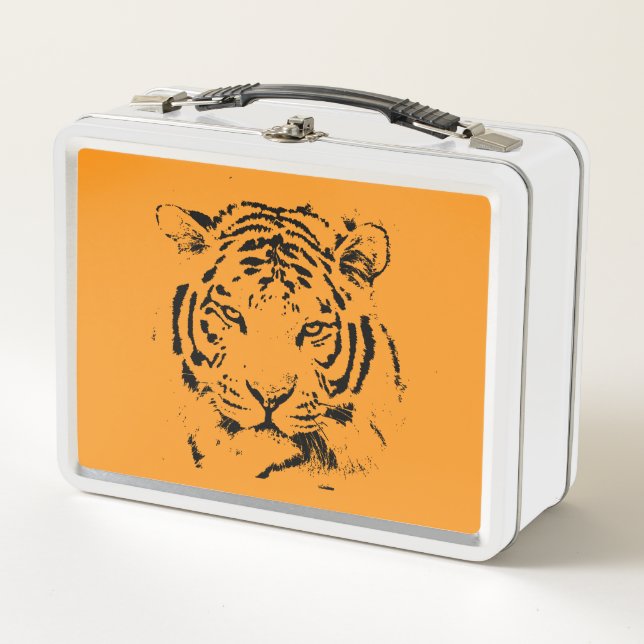 Tiger auf Orange Metall Brotdose (Vorderseite)