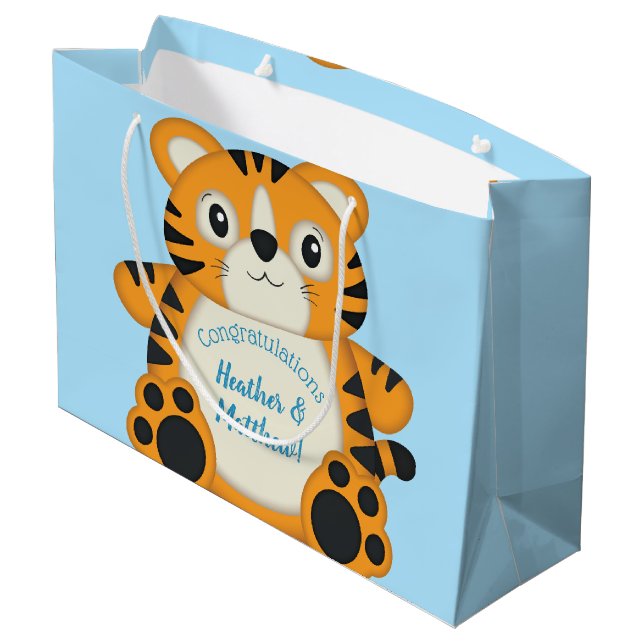 Tiger Baby Dusche Blue Große Geschenktüte (Rückseite Schrägansicht)