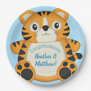 Tiger Baby Dusche Blue Pappteller