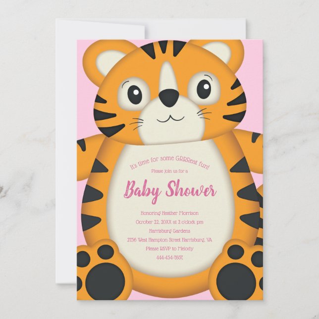 Tiger Baby Dusche Safari Pink Girl Einladung (Vorderseite)