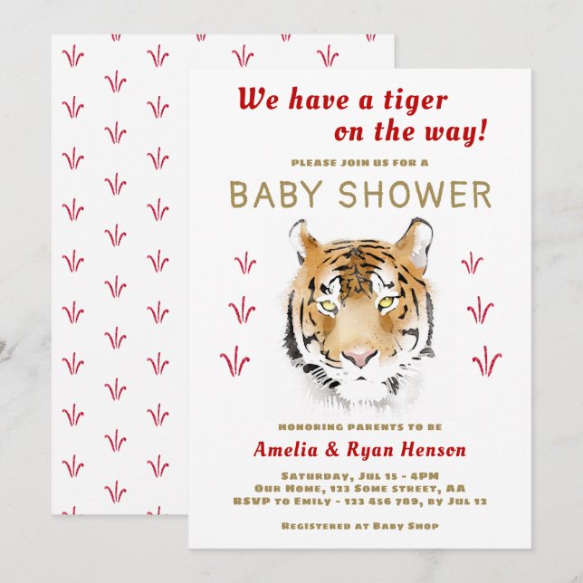 Tiger Baby Watercolor 2022 Kinderdusche Einladung (Vorne/Hinten)