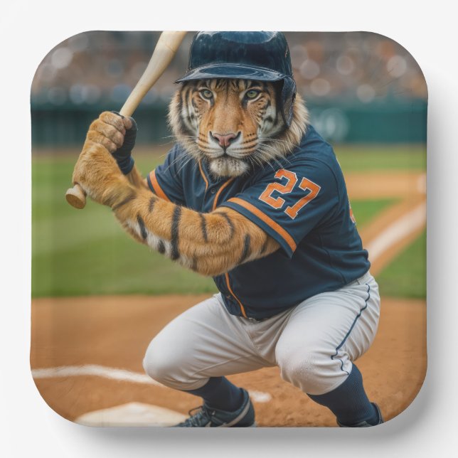 Tiger Baseballspieler #27 ist am Schlag Pappteller (Vorderseite)