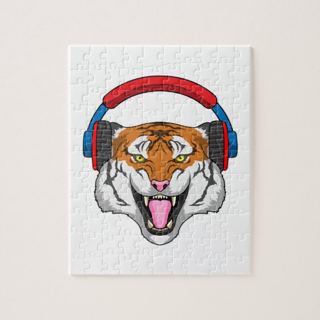 Tiger bei Musik mit Headphone (Vertikal)