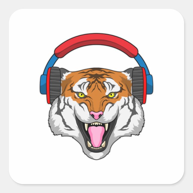 Tiger bei Musik mit Headphone Quadratischer Aufkleber (Vorderseite)