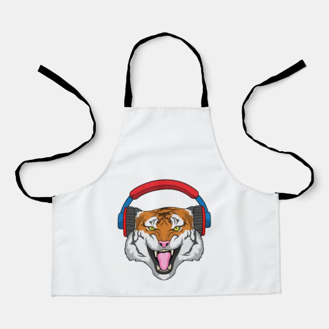 Tiger bei Musik mit Headphone Schürze (Vorderseite)