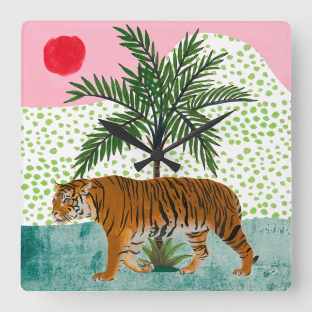 Tiger bei Sonnenaufgang Quadratische Wanduhr (Vorderseite)