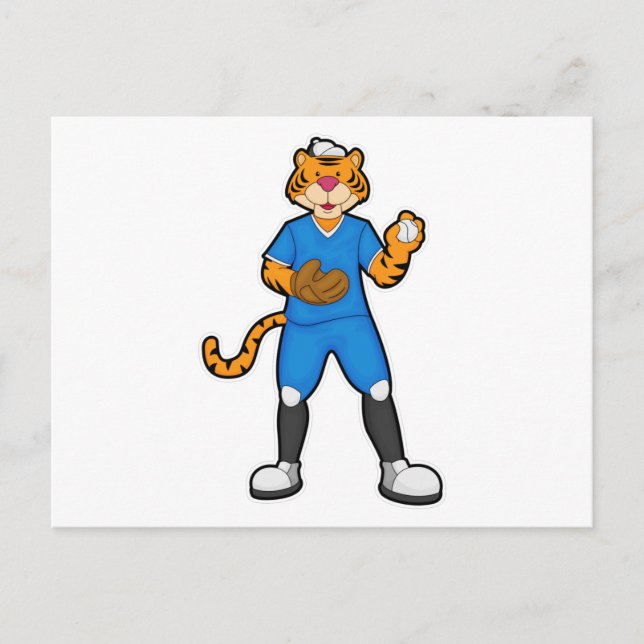 Tiger beim Baseball mit Baseballhandschuh und Mütz Postkarte (Vorderseite)