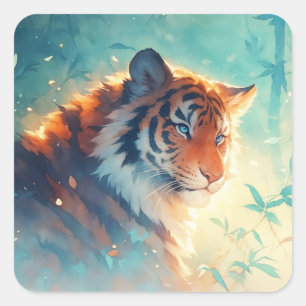 Tiger beim Blick durch den tealblauen Bambuswald Quadratischer Aufkleber