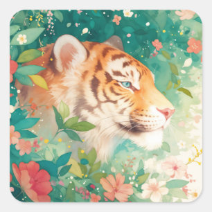 Tiger beim Durchschauen durch einen üppigen botani Quadratischer Aufkleber