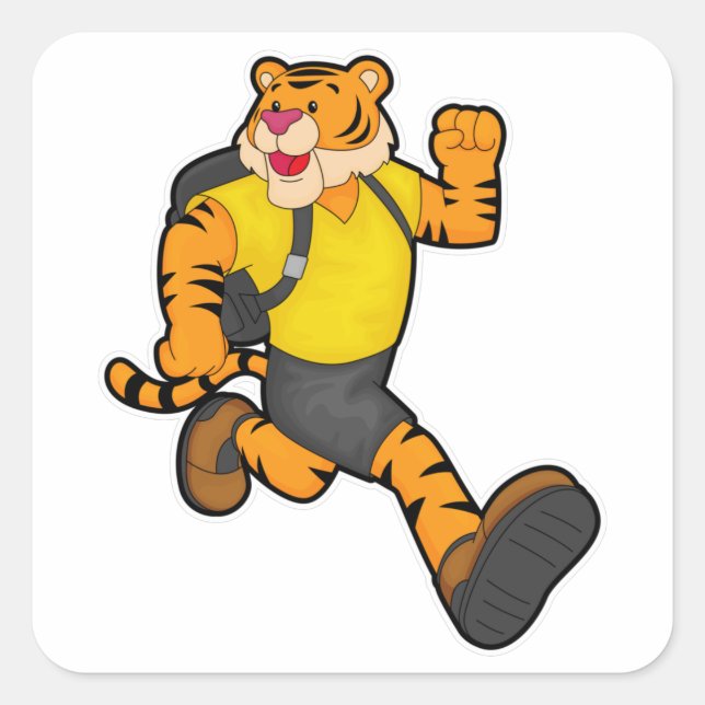 Tiger beim Laufen mit Rucksack Quadratischer Aufkleber (Vorderseite)