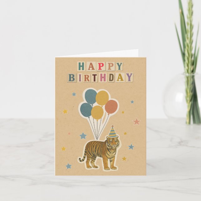 Tiger Birthday Card - Retro Collage Style Karte (Vorderseite)