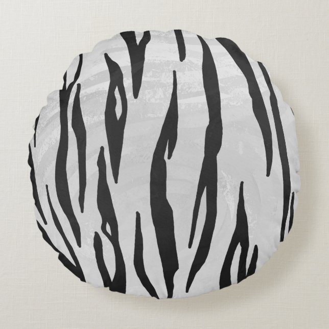 Tiger Black and White Print Rundes Kissen (Vorderseite)