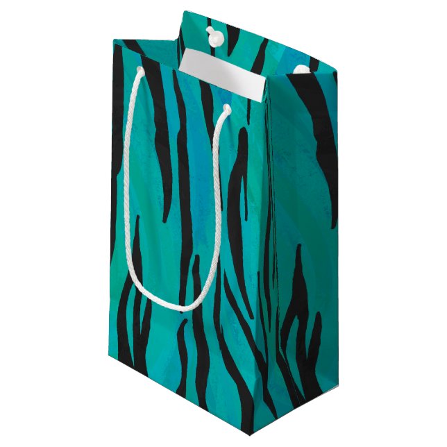 Tiger Black und Aquamarin Print Kleine Geschenktüte (Vorderseite Schrägansicht)