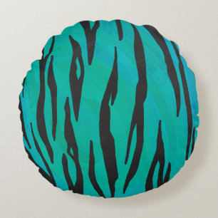 Tiger Black und Aquamarin Print Rundes Kissen