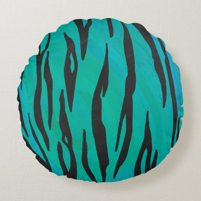 Tiger Black und Aquamarin Print Rundes Kissen (Vorderseite)