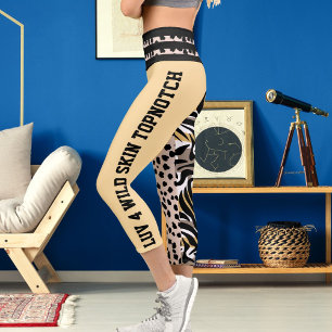 Tiger Cheetah Muster Druckpunkte Rosa Schwarz Beig Capri Leggings