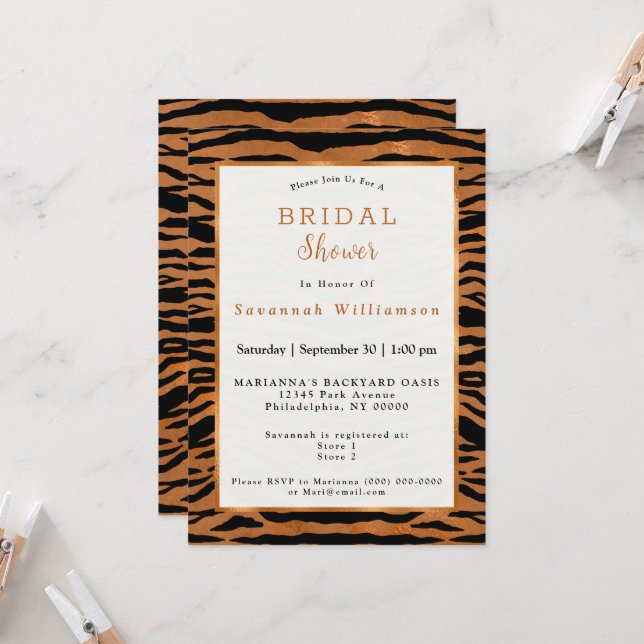 Tiger Copper Animal Print Brautparty Einladung (Vorderseite/Rückseite Beispiel)
