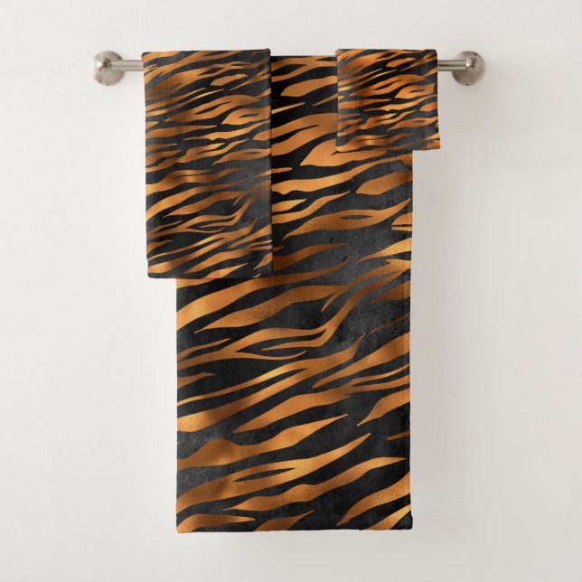 Tiger Copper Black Animal Print Badhandtuch Set (Insitu)