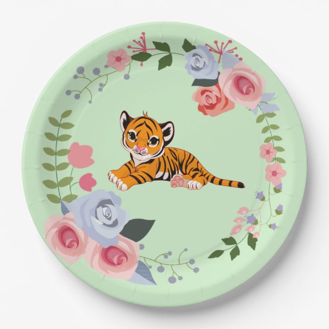 Tiger Cub Floral Baby Dusche Pappteller (Vorderseite)