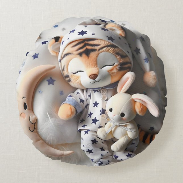Tiger Cub mit Bunny, Sammlung von Natasha Us Rundes Kissen (Vorderseite)