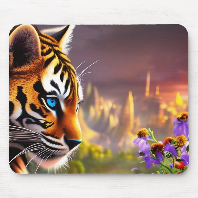 Tiger Cub, violette Blumen Mousepad (Vorne)