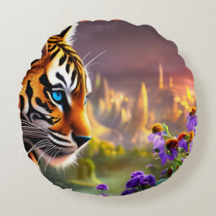Tiger Cub, violette Blumen Rundes Kissen