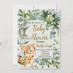 Tiger Cub Watercolor Light Green Baby Dusche Einladung
