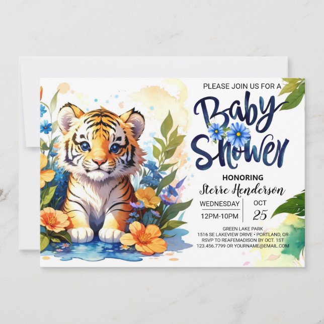 Tiger Cub's Wildblume Babydusche Einladung (Vorderseite)