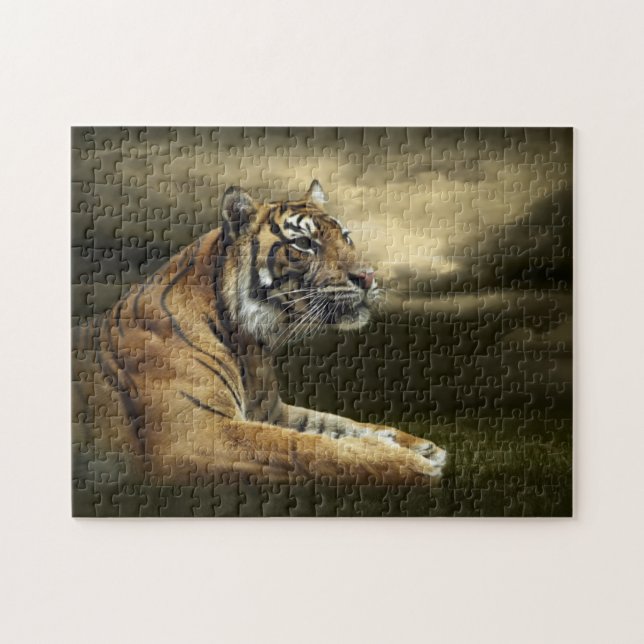 Tiger, der unter drastischem Himmel schaut und (Horizontal)