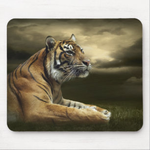 Tiger, der unter drastischem Himmel schaut und Mousepad
