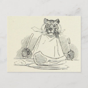 Tiger Eating Meat with Knife and Fork Postkarte