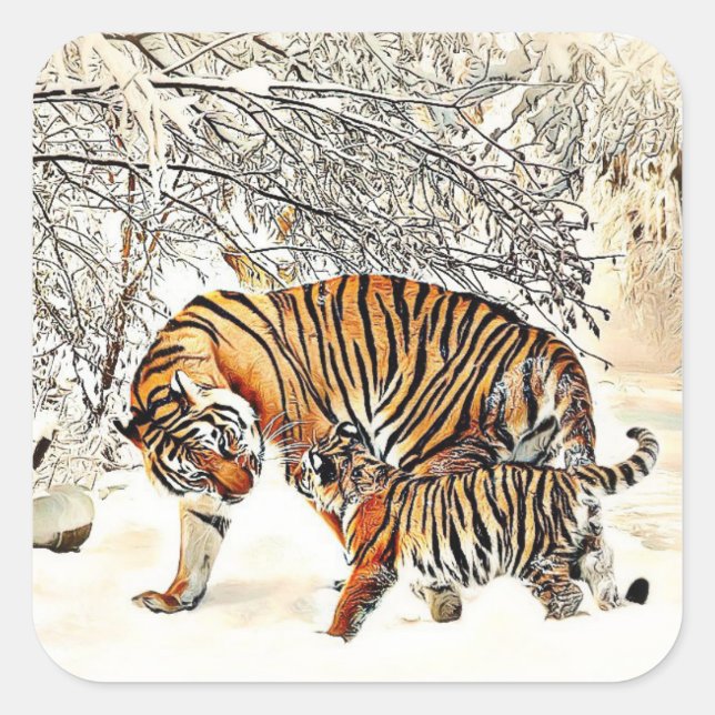 Tiger et son bébé Sticker Snowy Woods Jour d'hiver (Devant)