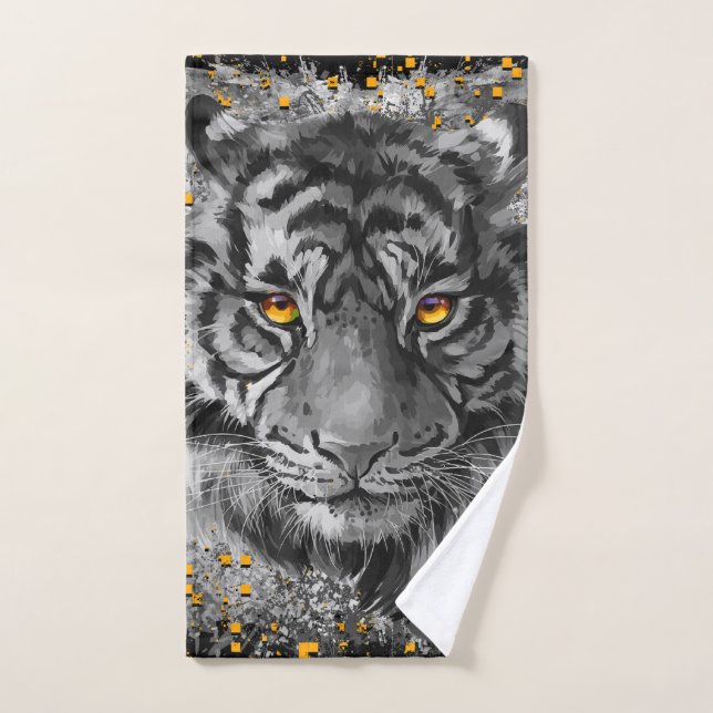 Tiger Eyes | Farbenfroher Tiger Zeichnend | Dunkel Badhandtuch Set (Handtuch)