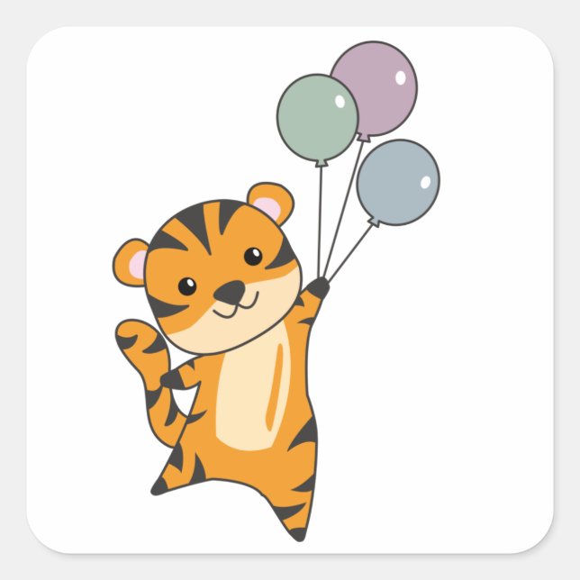 Tiger Fliegen mit Balloons süße Tiere Kinder Quadratischer Aufkleber (Vorderseite)