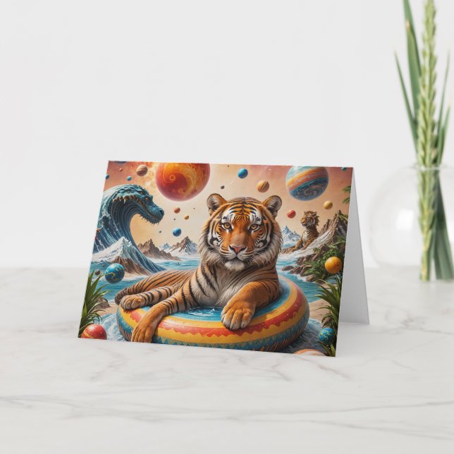 Tiger Floating auf einem Sommertag Surreal Space Karte (Vorderseite)