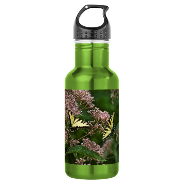 Tiger-Frack-Schmetterlinge auf Joe Pye Weed Edelstahlflasche (Vorderseite)