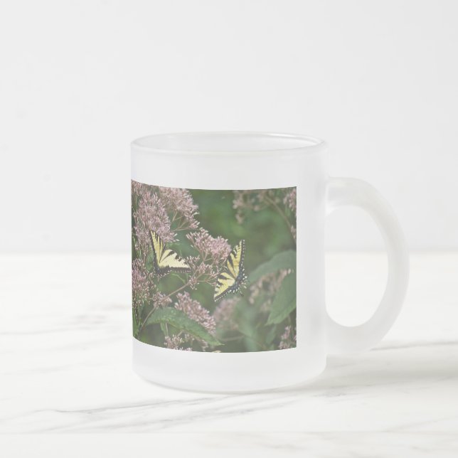 Tiger-Frack-Schmetterlinge auf Joe Pye Weed Mattglastasse (Rechts)